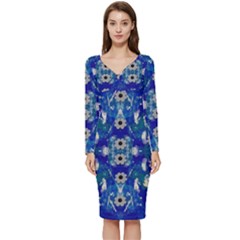 Oilpainting Blue Flowers In The Peaceful Night Long Sleeve V-neck Bodycon Dress  by pepitasart