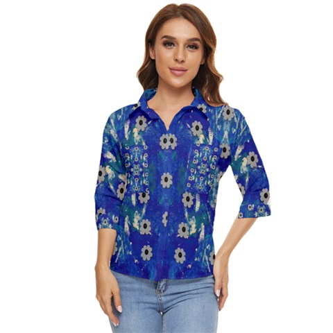 Oilpainting Blue Flowers In The Peaceful Night Women s Quarter Sleeve Pocket Shirt by pepitasart