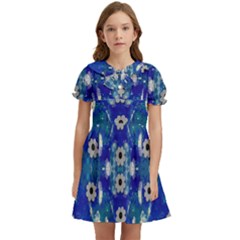 Oilpainting Blue Flowers In The Peaceful Night Kids  Bow Tie Puff Sleeve Dress