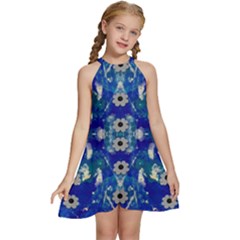 Oilpainting Blue Flowers In The Peaceful Night Kids  Halter Collar Waist Tie Chiffon Dress by pepitasart