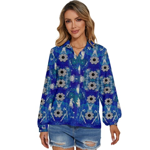 Oilpainting Blue Flowers In The Peaceful Night Women s Long Sleeve Button Up Shirt by pepitasart