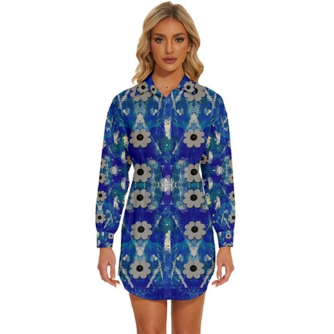 Oilpainting Blue Flowers In The Peaceful Night Womens Long Sleeve Shirt Dress by pepitasart