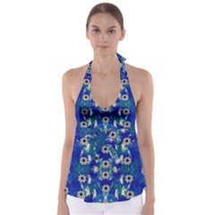 Oilpainting Blue Flowers In The Peaceful Night Tie Back Tankini Top by pepitasart