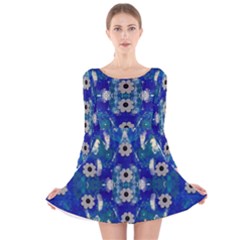 Oilpainting Blue Flowers In The Peaceful Night Long Sleeve Velvet Skater Dress