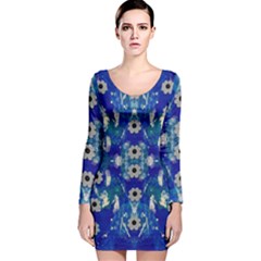 Oilpainting Blue Flowers In The Peaceful Night Long Sleeve Velvet Bodycon Dress