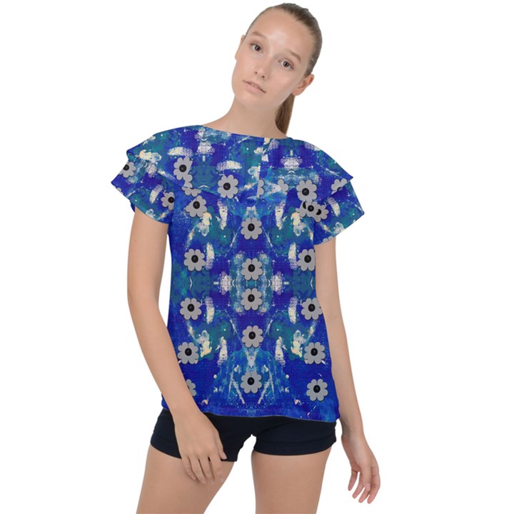 Oilpainting Blue Flowers In The Peaceful Night Ruffle Collar Chiffon Blouse