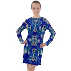 Oilpainting Blue Flowers In The Peaceful Night Long Sleeve Hoodie Dress