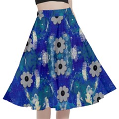 Oilpainting Blue Flowers In The Peaceful Night A-line Full Circle Midi Skirt With Pocket by pepitasart