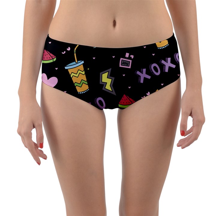 Cute-girl-things-seamless-background Reversible Mid-Waist Bikini Bottoms