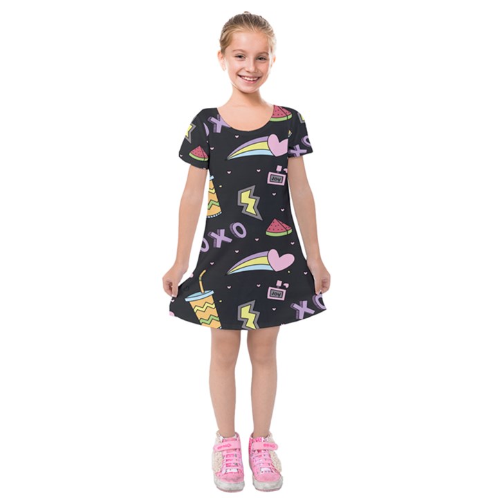 Cute-girl-things-seamless-background Kids  Short Sleeve Velvet Dress