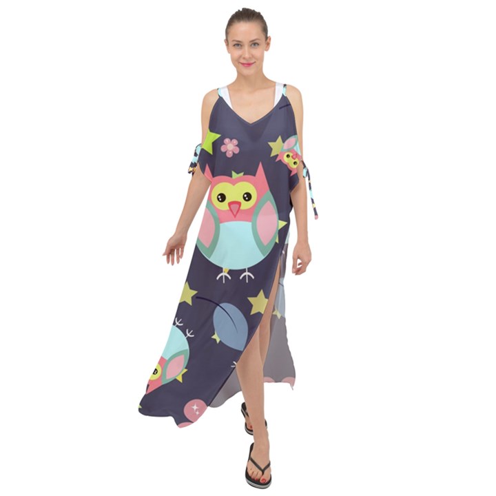 Owl-stars-pattern-background Maxi Chiffon Cover Up Dress