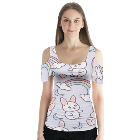 Seamless-pattern-with-cute-rabbit-character Butterfly Sleeve Cutout Tee  by pakminggu