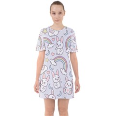 Seamless-pattern-with-cute-rabbit-character Sixties Short Sleeve Mini Dress by pakminggu