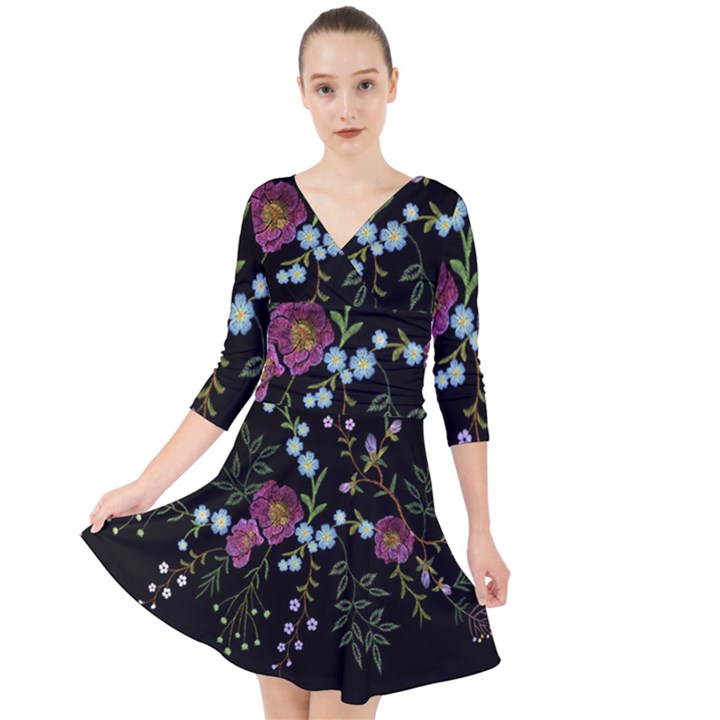 Embroidery-trend-floral-pattern-small-branches-herb-rose Quarter Sleeve Front Wrap Dress