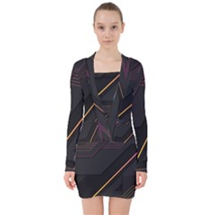 Gradient-geometric-shapes-dark-background V-neck Bodycon Long Sleeve Dress by pakminggu