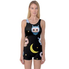 Cute-owl-doodles-with-moon-star-seamless-pattern One Piece Boyleg Swimsuit by pakminggu