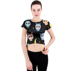 Cute-owl-doodles-with-moon-star-seamless-pattern Crew Neck Crop Top by pakminggu