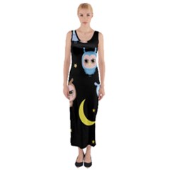 Cute-owl-doodles-with-moon-star-seamless-pattern Fitted Maxi Dress by pakminggu