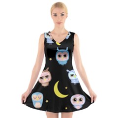 Cute-owl-doodles-with-moon-star-seamless-pattern V-neck Sleeveless Dress by pakminggu