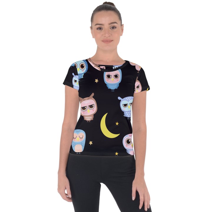 Cute-owl-doodles-with-moon-star-seamless-pattern Short Sleeve Sports Top 