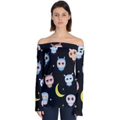 Cute-owl-doodles-with-moon-star-seamless-pattern Off Shoulder Long Sleeve Top by pakminggu