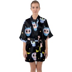 Cute-owl-doodles-with-moon-star-seamless-pattern Half Sleeve Satin Kimono  by pakminggu