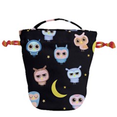 Cute-owl-doodles-with-moon-star-seamless-pattern Drawstring Bucket Bag by pakminggu