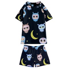 Cute-owl-doodles-with-moon-star-seamless-pattern Kids  Swim Tee And Shorts Set by pakminggu