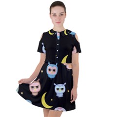 Cute-owl-doodles-with-moon-star-seamless-pattern Short Sleeve Shoulder Cut Out Dress  by pakminggu