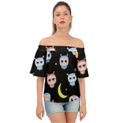 Cute-owl-doodles-with-moon-star-seamless-pattern Off Shoulder Short Sleeve Top by pakminggu