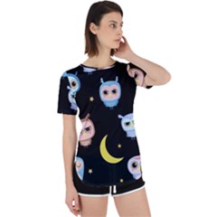 Cute-owl-doodles-with-moon-star-seamless-pattern Perpetual Short Sleeve T-shirt by pakminggu