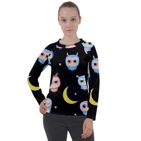 Cute-owl-doodles-with-moon-star-seamless-pattern Women s Long Sleeve Raglan Tee by pakminggu