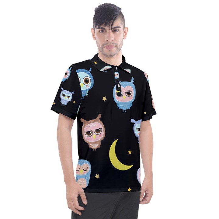 Cute-owl-doodles-with-moon-star-seamless-pattern Men s Polo Tee