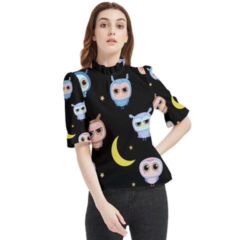 Cute-owl-doodles-with-moon-star-seamless-pattern Frill Neck Blouse by pakminggu