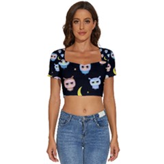 Cute-owl-doodles-with-moon-star-seamless-pattern Short Sleeve Square Neckline Crop Top  by pakminggu