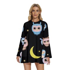 Cute-owl-doodles-with-moon-star-seamless-pattern Round Neck Long Sleeve Bohemian Style Chiffon Mini Dress by pakminggu