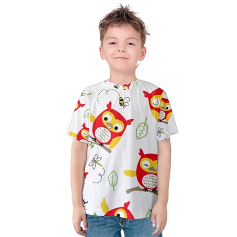 Seamless-pattern-vector-owl-cartoon-with-bugs Kids  Cotton Tee by pakminggu