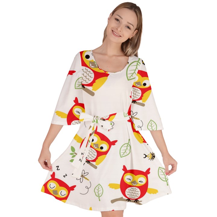 Seamless-pattern-vector-owl-cartoon-with-bugs Velour Kimono Dress