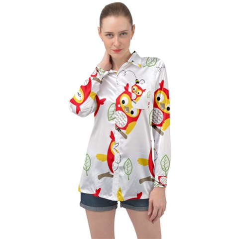 Seamless-pattern-vector-owl-cartoon-with-bugs Long Sleeve Satin Shirt by pakminggu