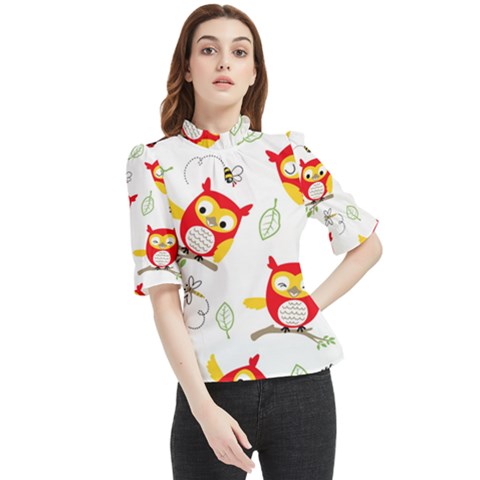 Seamless-pattern-vector-owl-cartoon-with-bugs Frill Neck Blouse by pakminggu