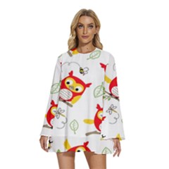 Seamless-pattern-vector-owl-cartoon-with-bugs Round Neck Long Sleeve Bohemian Style Chiffon Mini Dress by pakminggu