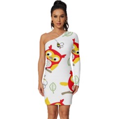 Seamless-pattern-vector-owl-cartoon-with-bugs Long Sleeve One Shoulder Mini Dress by pakminggu