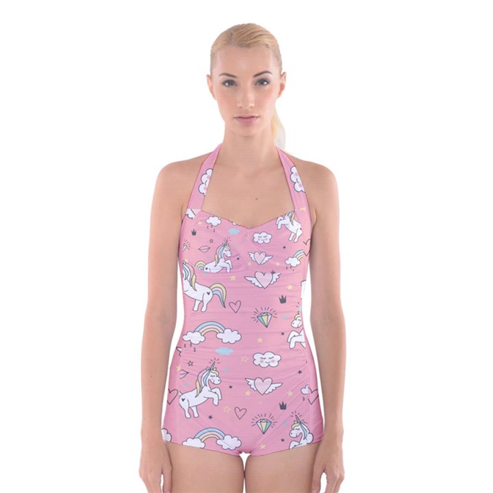 Cute-unicorn-seamless-pattern Boyleg Halter Swimsuit 