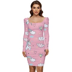 Cute-unicorn-seamless-pattern Women Long Sleeve Ruched Stretch Jersey Dress by pakminggu