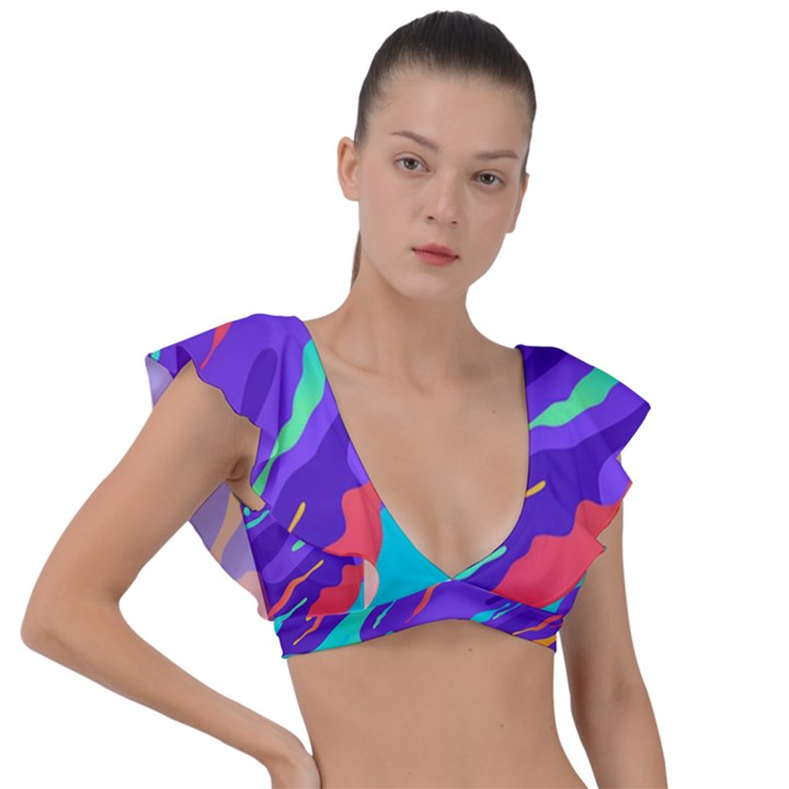 Multicolored-abstract-background Plunge Frill Sleeve Bikini Top