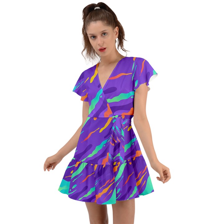 Multicolored-abstract-background Flutter Sleeve Wrap Dress