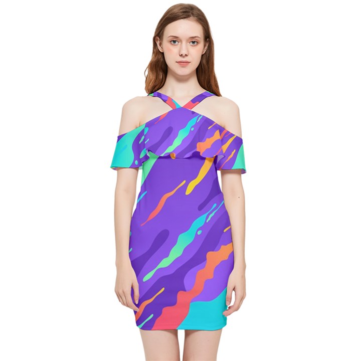 Multicolored-abstract-background Shoulder Frill Bodycon Summer Dress