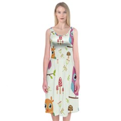 Forest-seamless-pattern-with-cute-owls Midi Sleeveless Dress by pakminggu