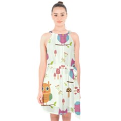 Forest-seamless-pattern-with-cute-owls Halter Collar Waist Tie Chiffon Dress by pakminggu