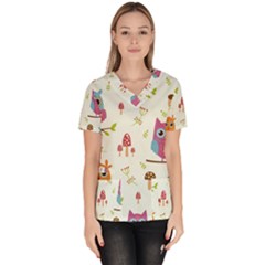 Forest-seamless-pattern-with-cute-owls Women s V-neck Scrub Top by pakminggu